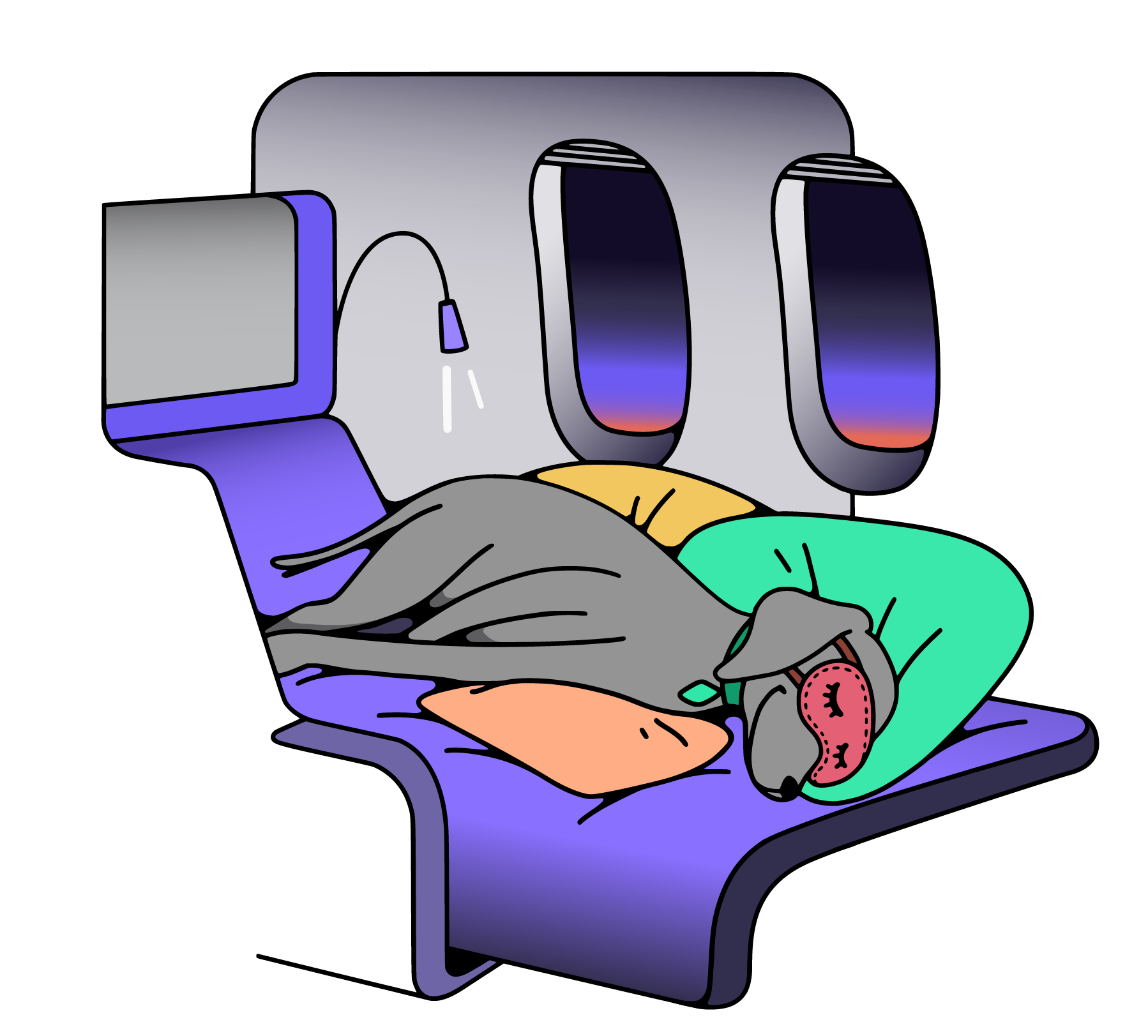 Cartoon pointer dog sleeping on a business-class lie-flat seat