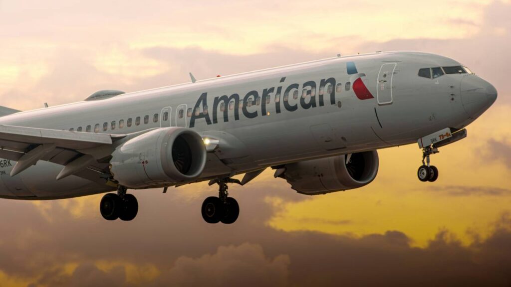 AA plane against a sunset sky