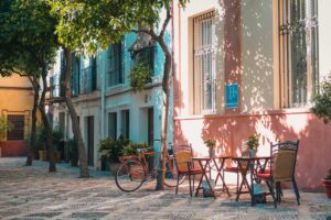 cafe seating in a courtyard in Europe